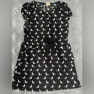 Charming Black and White Cat Print Kids Dress with side pockets